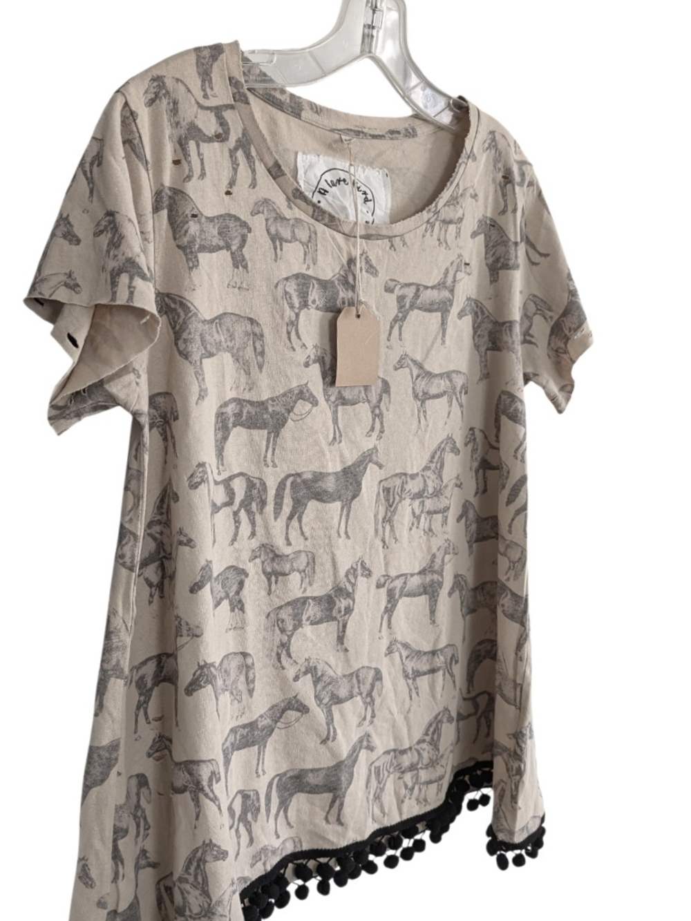 A Rare Bird Horse Print Distressed Pom Pom Hem Top, Small - Picture 3 of 6